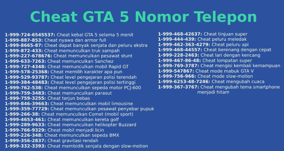 Cheat GTA 5 PS4 Nomor Telepon