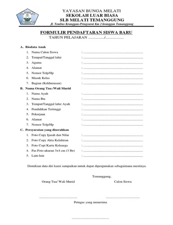 Contoh Formulir Pendaftaran Sekolah