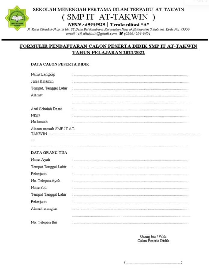 Formulir Pendaftaran Sekolah Tingkat SMP