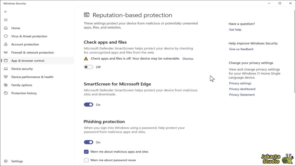 Nonaktifkan SmartScreen Windows